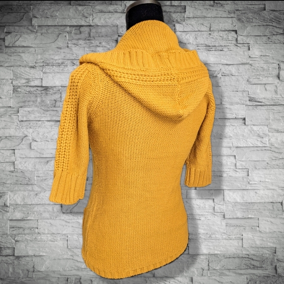 Mustard Yellow Sweater Jacket Fall Cardigan Short Sleeve Button Up Knit - Picture 3 of 10